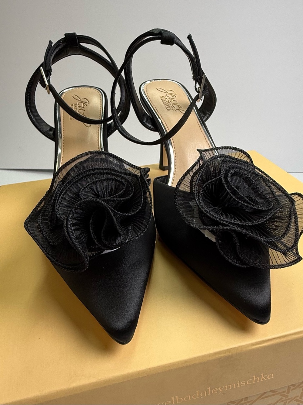 Badgley Mischka Black Satin Pointed-Toe Slingback Heels with Floral Rosettes
